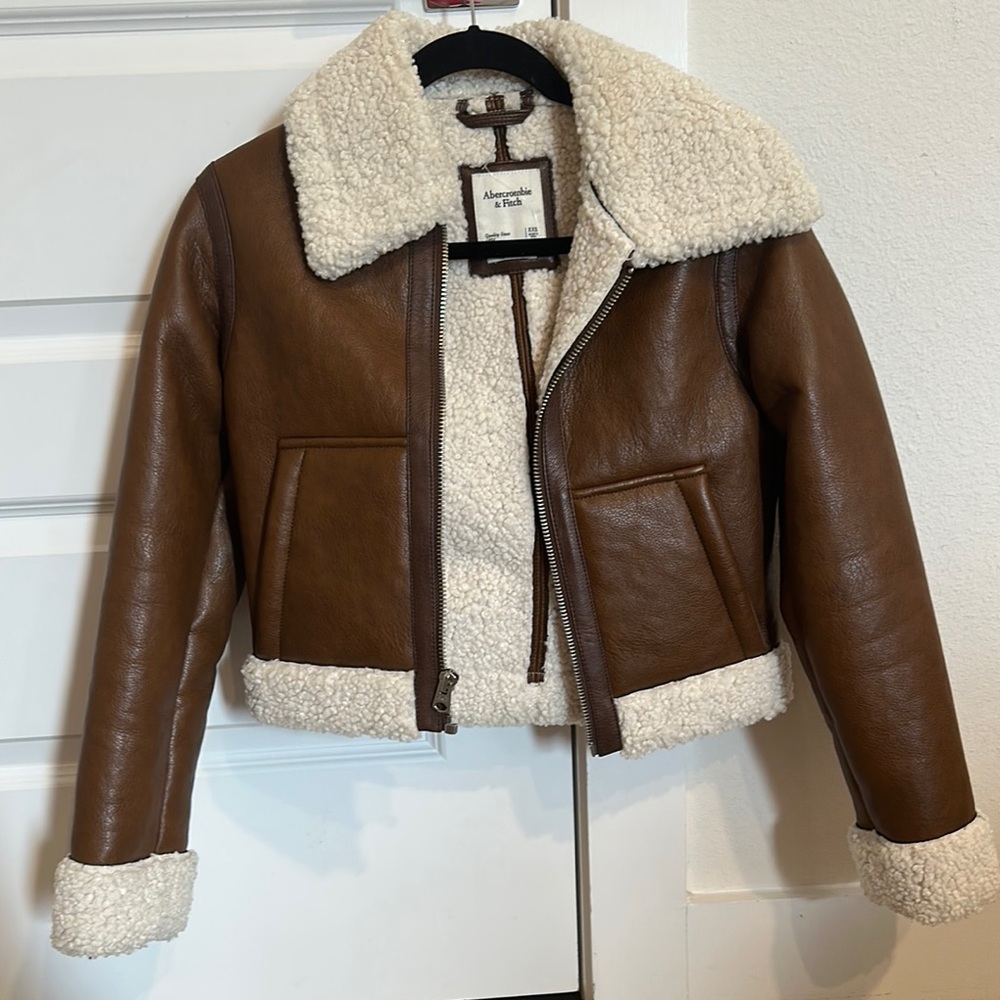 Abercrombie & Fitch Brown Faux Leather Teddy Jacket with Cream Sherpa Trim